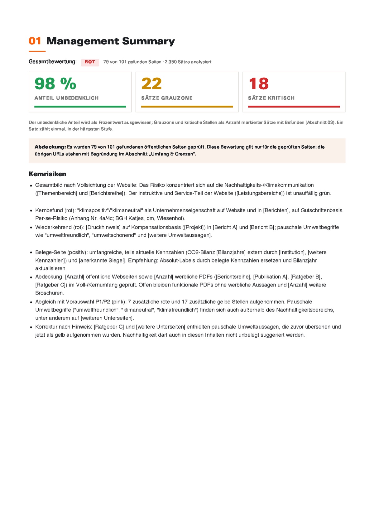 Report, Seite 1: Management Summary mit Gesamtbewertung