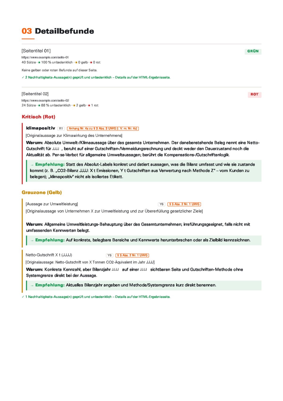 Report, Seite 3: Detailbefunde mit Empfehlungen